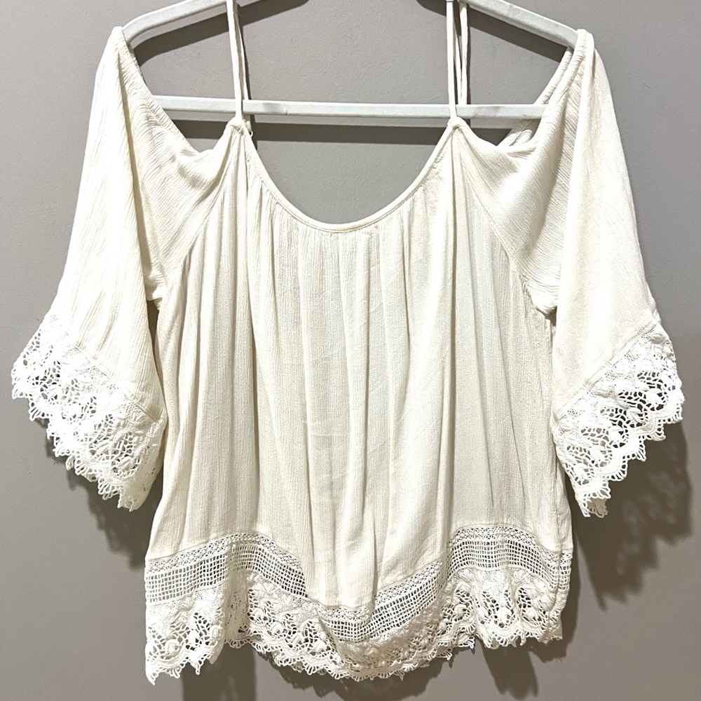 American Eagle Outfitters Cream Off-Shoulder Lace Trim Blouse